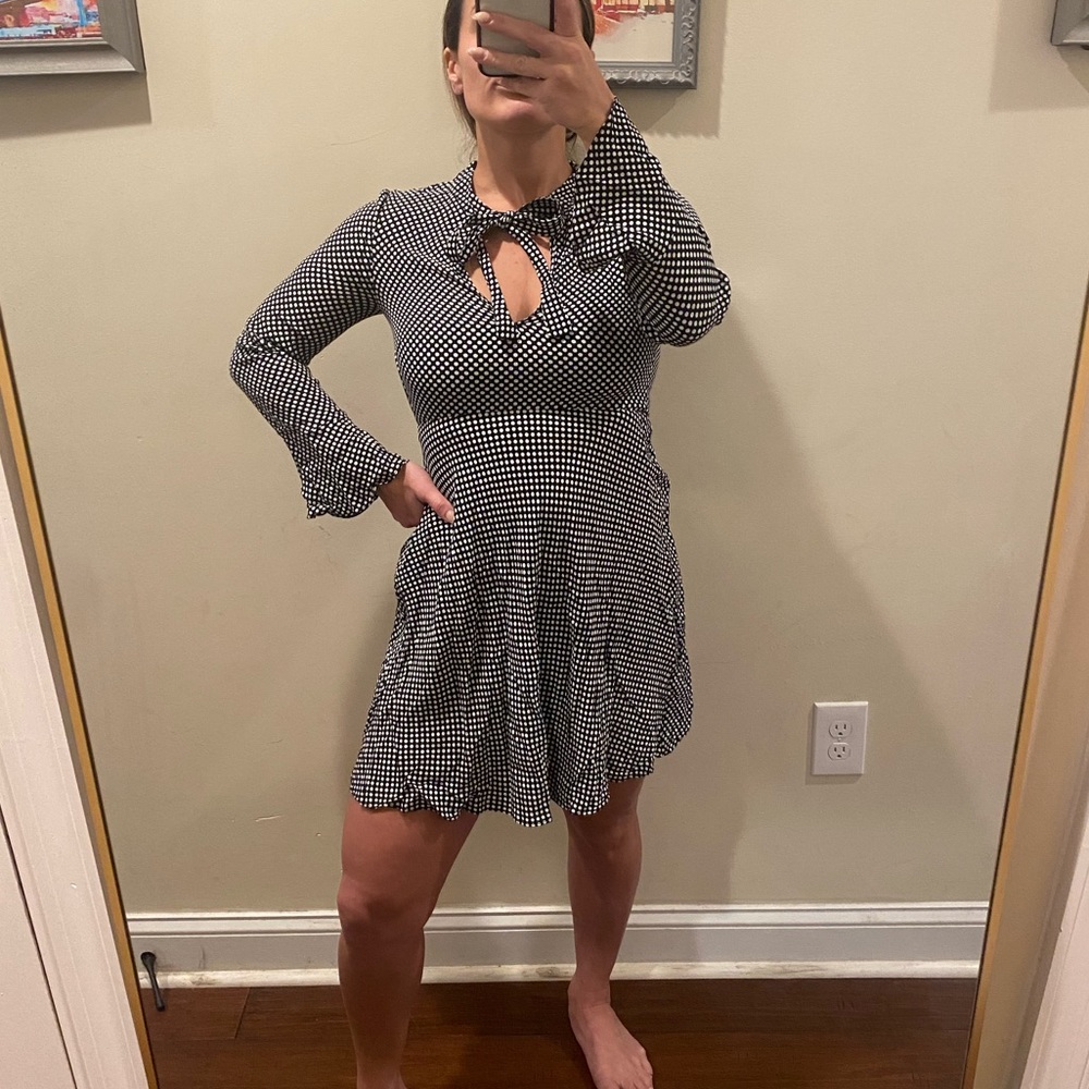 Zara Bell Sleeve V-Neck Polka Dot Sheath Dress XS